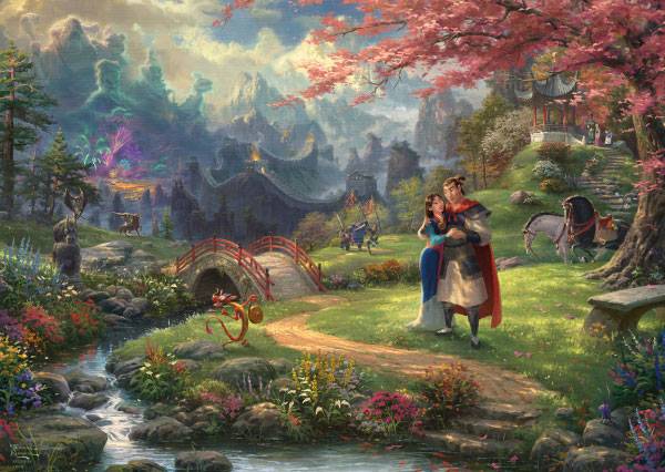 Ein Prinz und eine Prinzessin umarmen sich in einem üppigen Fantasiegarten mit einer roten Brücke, einem Bach, einem Pferd und einem entfernten Schloss unter rosafarbenen Bäumen.