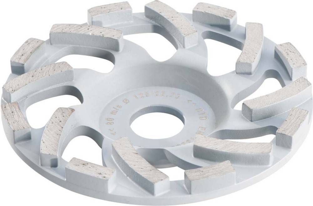 Ein kreisförmiges Schleifrad mit gleichmäßig angeordneten Segmenten und einem zentralen Loch, das typischerweise zum Polieren oder Glätten von Oberflächen verwendet wird.