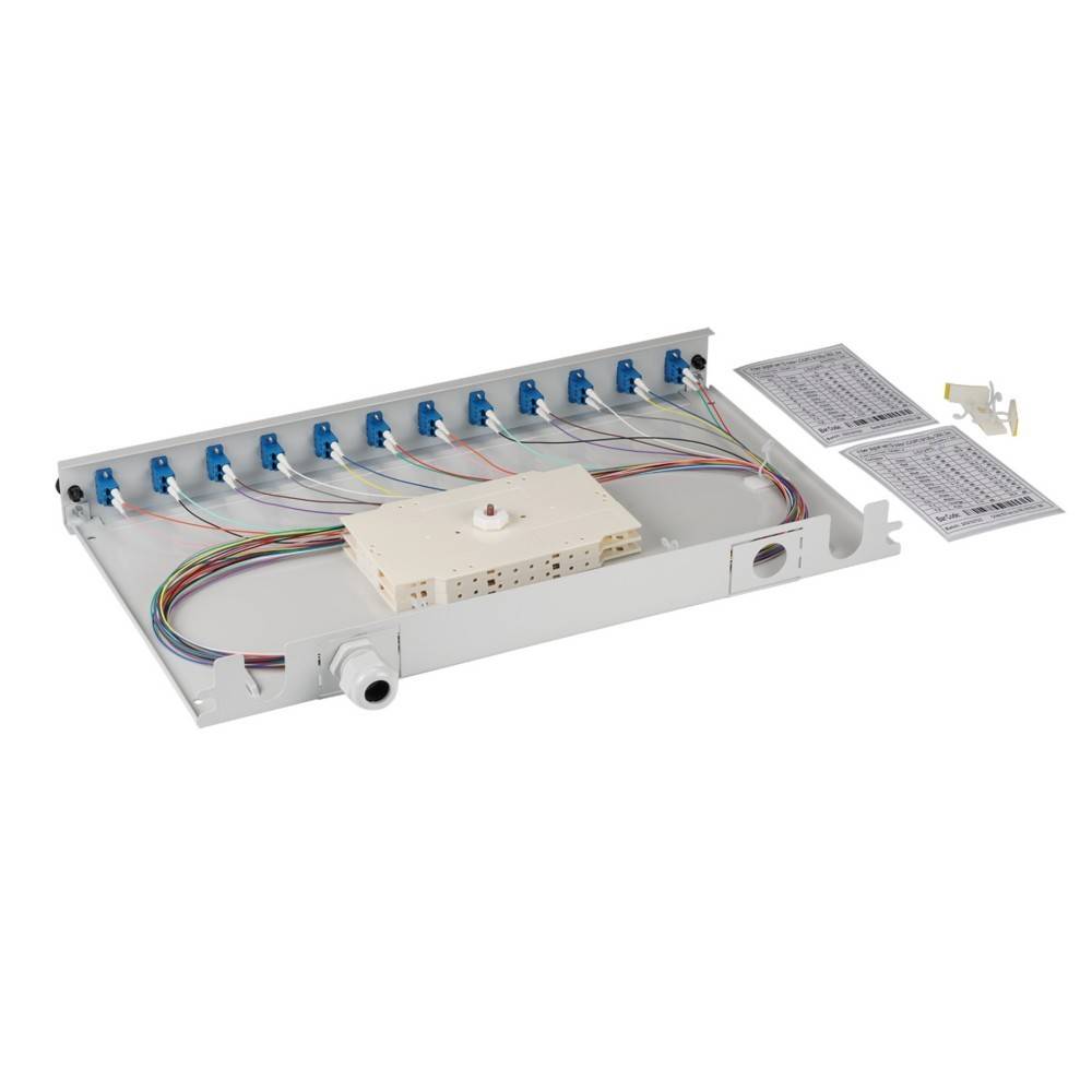 Glasfaser-Patchpanel mit mehreren Anschlüssen und Kabeln zur Datenverwaltung. Inklusive Beschriftungen zur Organisation und Zugriffssteuerung.