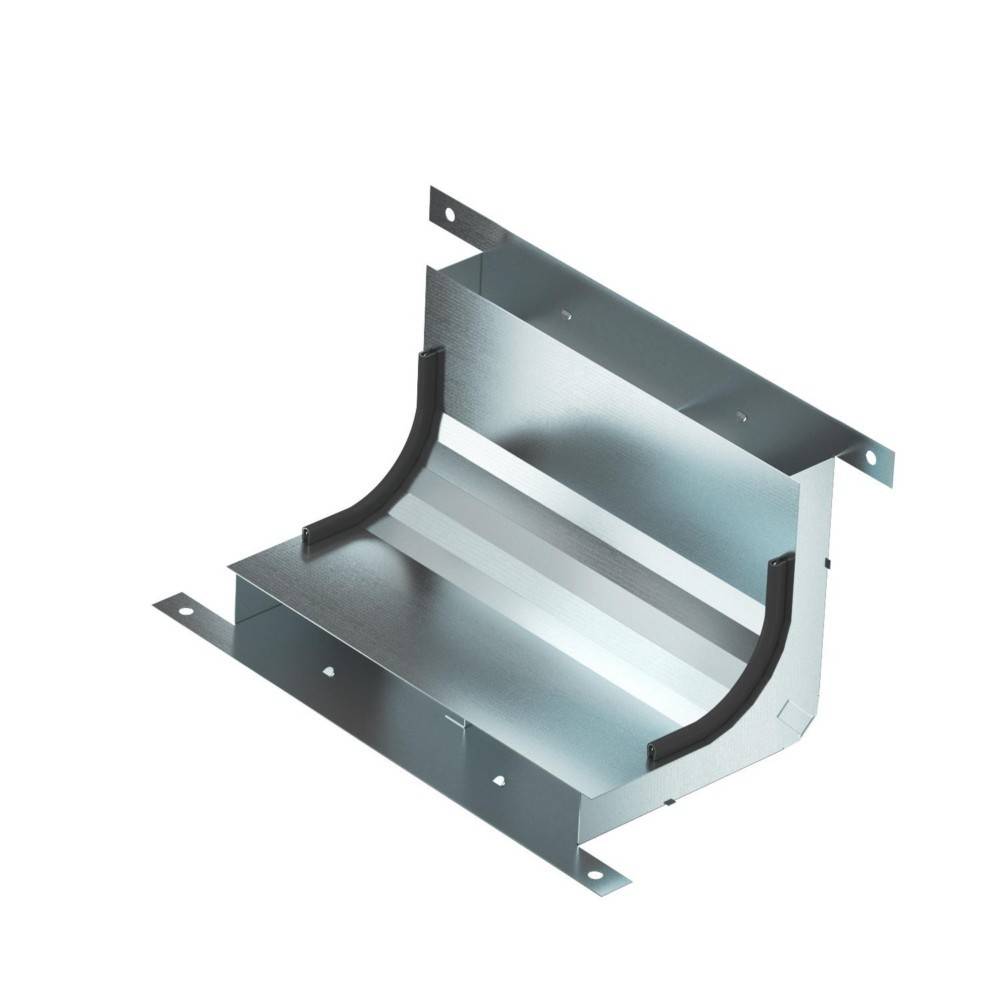 Eine Metallkabelrinne mit einer rechtwinkligen Biegung, die zur Unterstützung und Verwaltung der Kabelführung in gewerblichen oder industriellen Installationen konzipiert ist.