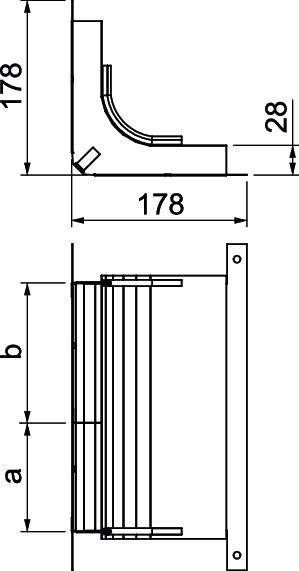 Technische Zeichnung eines Objekts mit Abmessungen, die als 178 und b gekennzeichnet sind. Die Seiten- und Draufsicht werden dargestellt, wobei strukturelle Details ersichtlich sind.