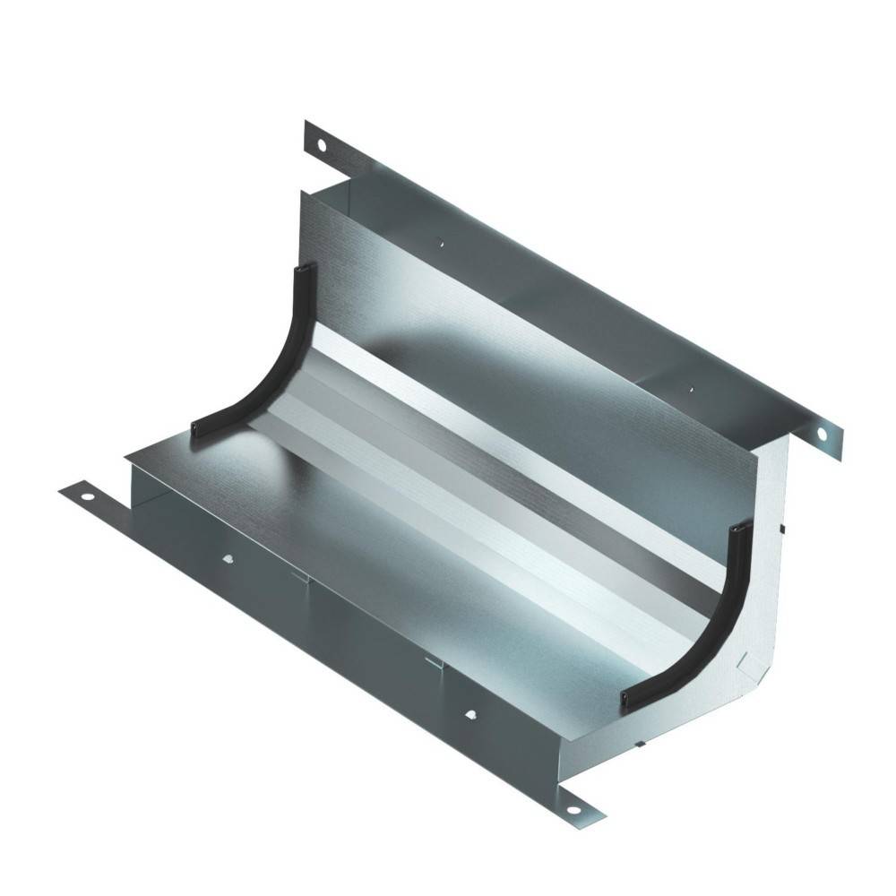 Ein grauer Metallventilationsrohrbogen mit Flansche an beiden Enden, der zum Verbinden gerader Kanalsektionen in einem 90-Grad-Winkel konstruiert ist.