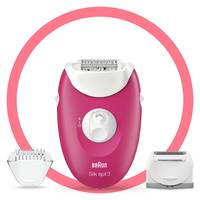 Ein rosa und weißer Braun Silk-épil 3 Epilator mit zwei auswechselbaren Aufsätzen, der daneben platziert und von einem rosa Ring umkreist ist.