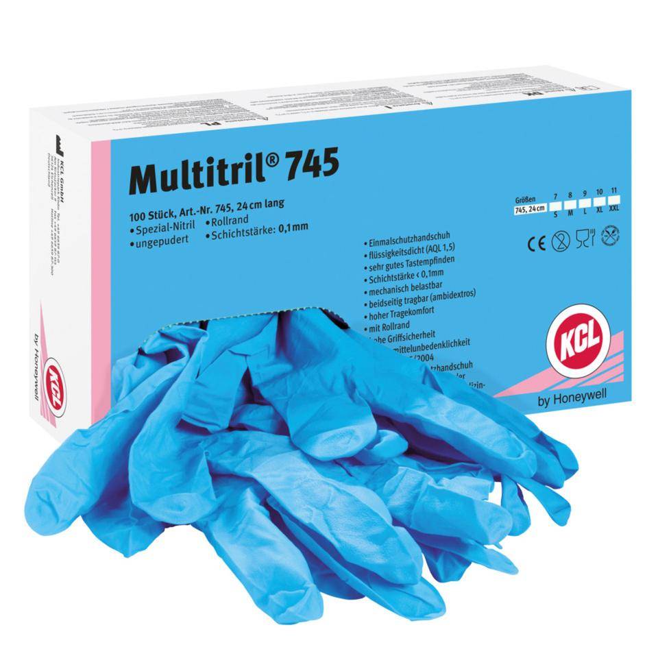 KCL Schutzhandschuh Multitril® 745, Kat.I, blau, Nitril, 250mm, Größe 8, 100/VE