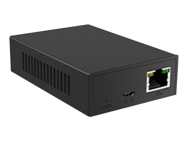 Schwarzes rechteckiges Netzwerkgerät mit Belüftungsschlitzen, einem USB-Anschluss und einem Ethernet-Anschluss auf der Frontplatte.