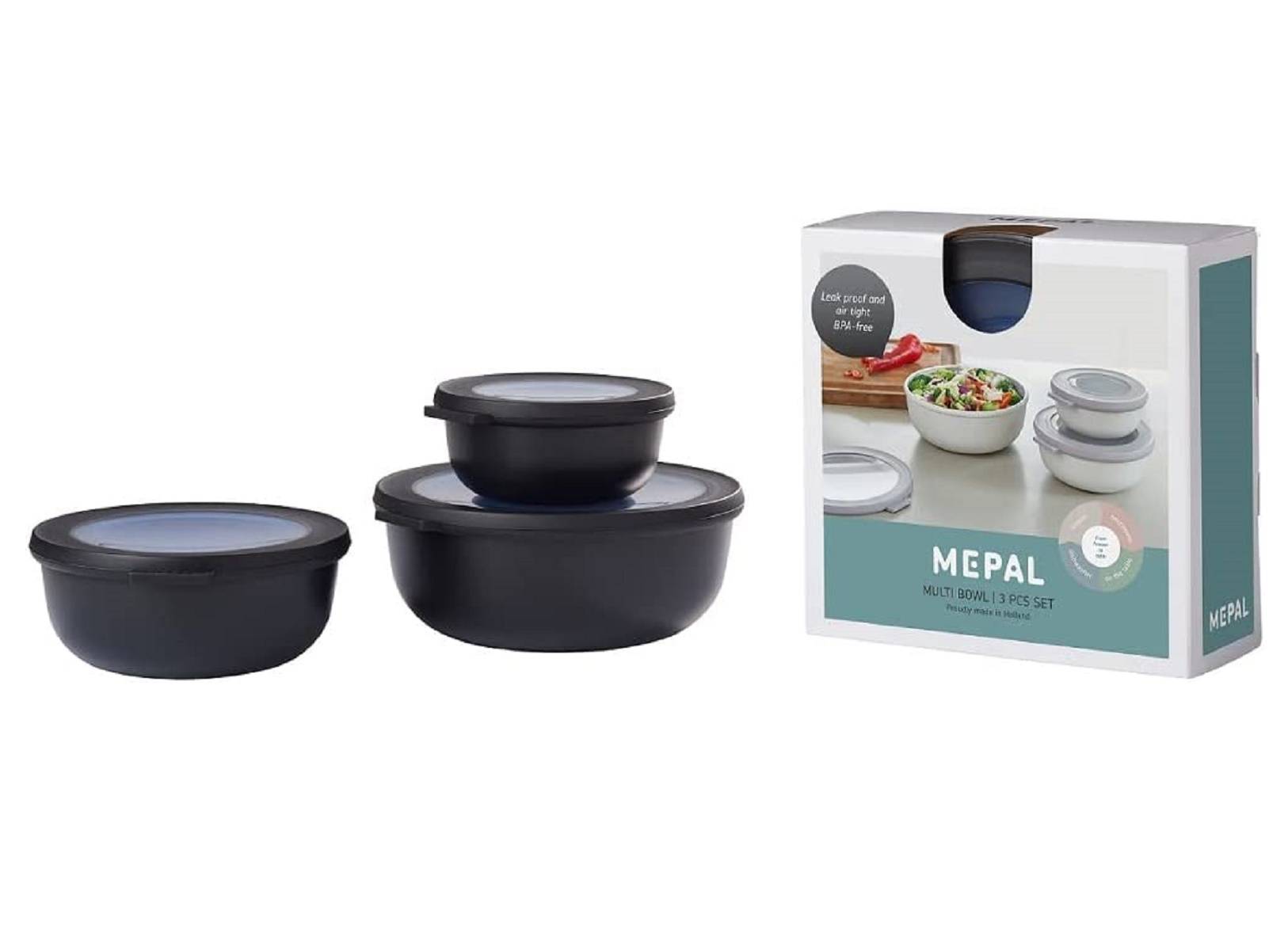 Mepal - Cirqula Multischüssel-Set 3–teilig rund Nordic black – 350, 750 und 1250 ml – Verwendbar als Vorratdose, Kühlschrankdose, Gefrierdose,