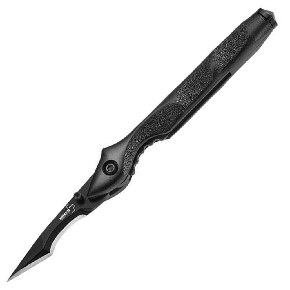 Schwarzes faltbares Universalmesser mit abgewinkelter Spitzklinge auf einfachem weißem Hintergrund.
