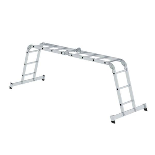 Verstellbare mehrstufige Aluminiumleiter, die sich zu einer brückenähnlichen Arbeitsfläche mit Leitersektionen an beiden Enden ausfahren lässt.
