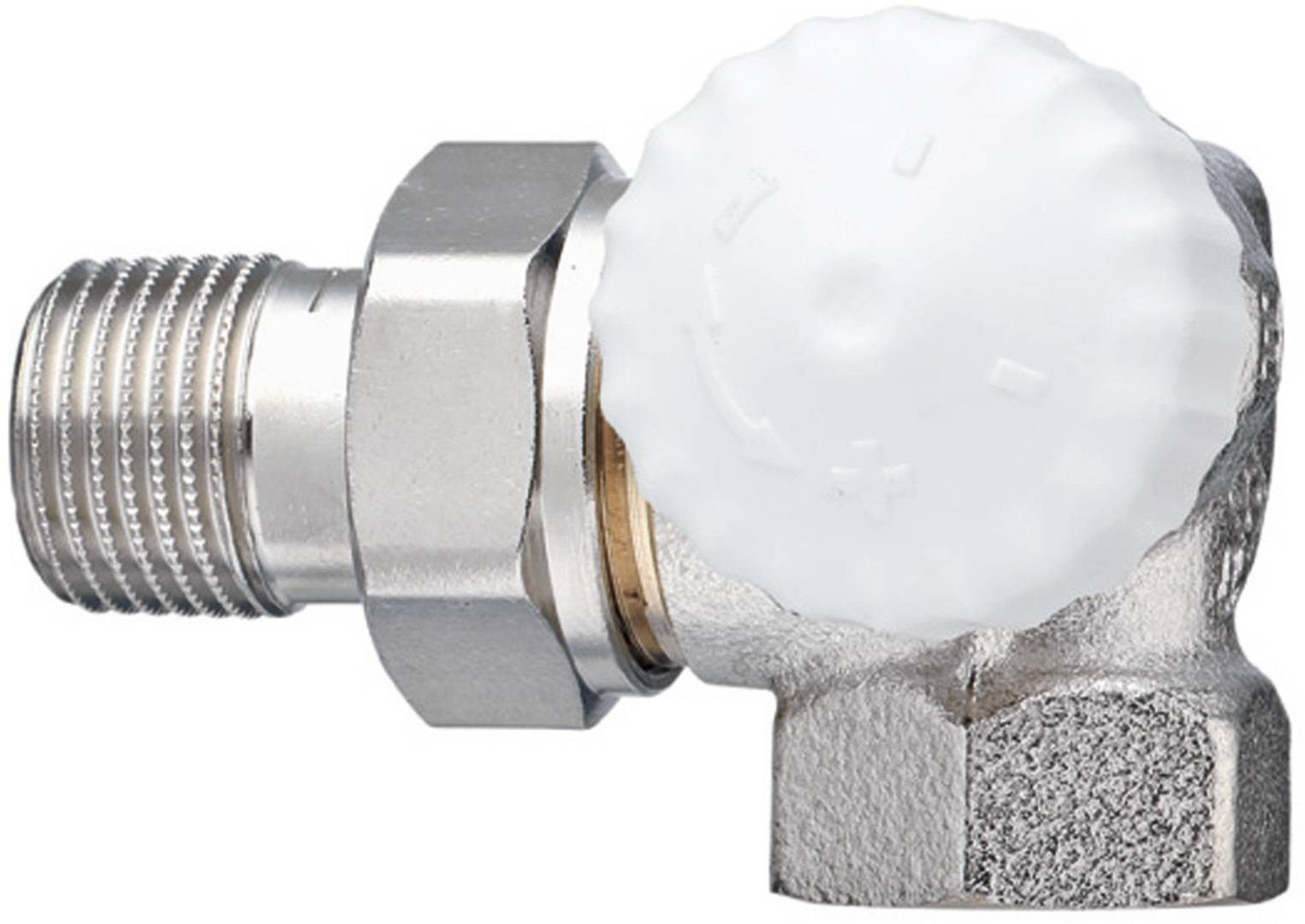 Ein silberner Metallventil mit einer sechseckigen Mutter und einer weißen Kunststoffkappe, der zur Regulierung des Flüssigkeitsflusses in Sanitär- oder Heizungssystemen verwendet wird.