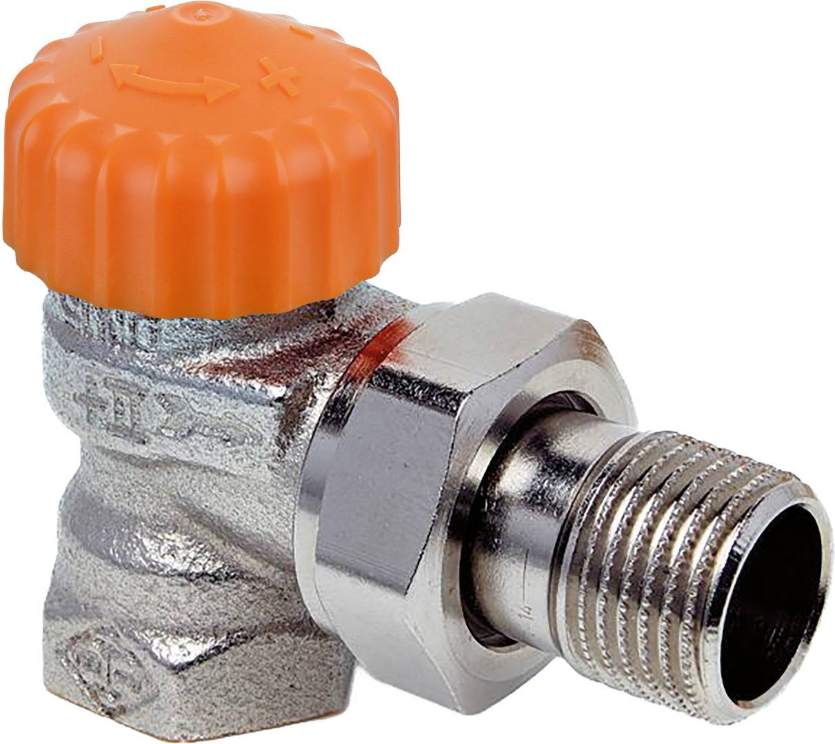 Ein Metallrohventil mit einem orangefarbenen Kunststoffgriff, das für die Ein- und Ausschaltung des Flüssigkeitsflusses in einem Rohrsystem ausgelegt ist.