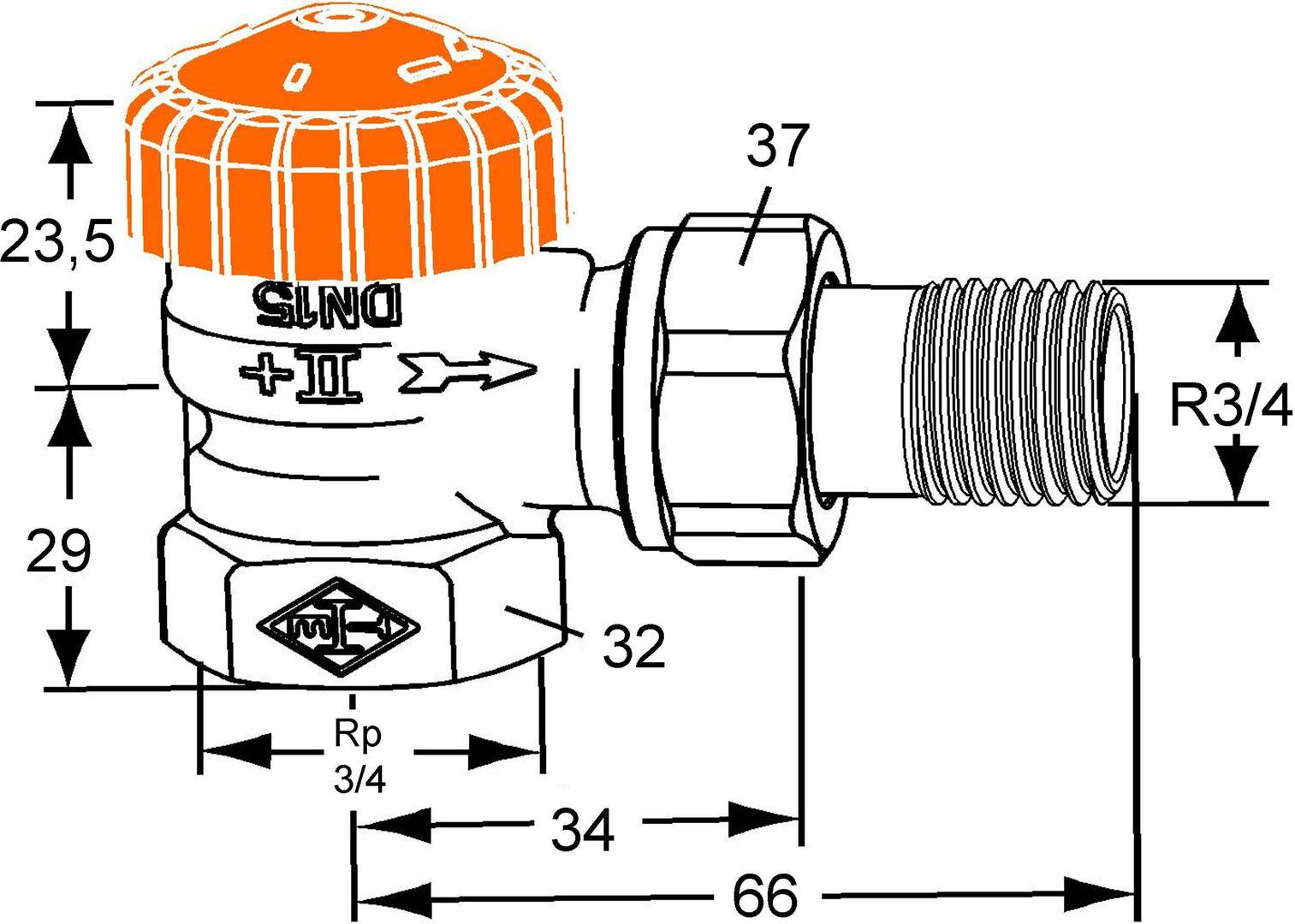 Technische Zeichnung eines Ventils, gekennzeichnet mit DINS +11, mit detaillierten Maßangaben und Pfeilen zur Anzeige der Strömungsrichtung. Schlüsselkomponenten sind nummeriert.