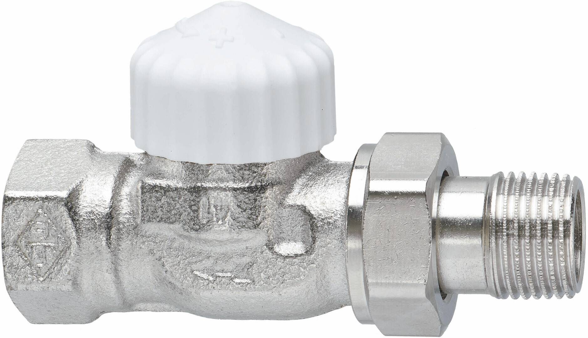 Ein Metallventil mit einem weißen Kunststoffknopf oben, das in Rohrleitungssystemen zur Regulierung des Wasserflusses verwendet wird.