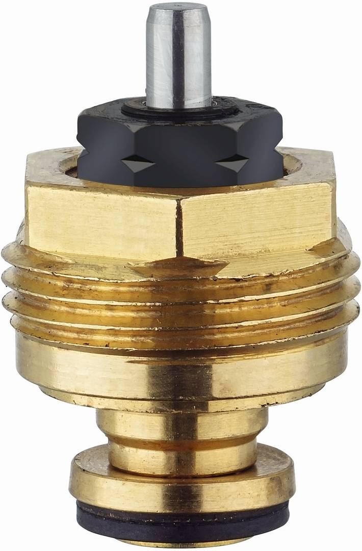 Eine Nahaufnahme einer Messingventilkomponente mit einem schwarzen Kunststoff-Einstellknopf oben, die detaillierte Gewindebohrungen zeigt.