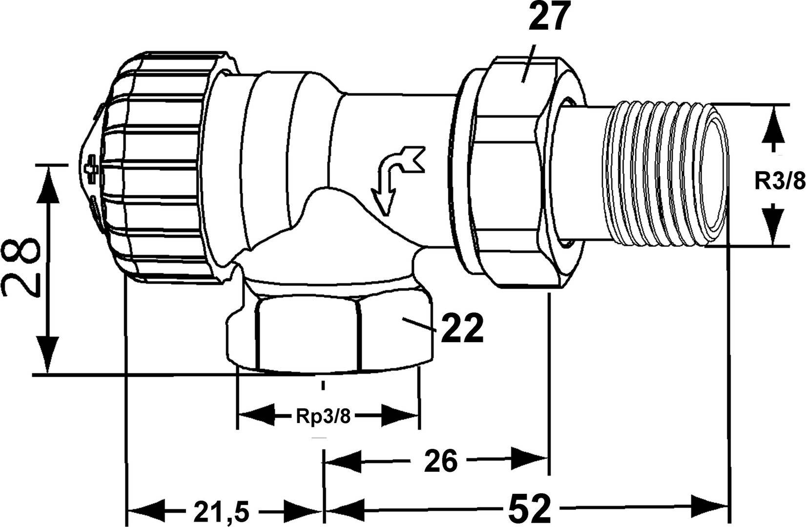 Eine technische Zeichnung einer Rohrverschraubung mit beschrifteten Maßen und einem Richtungspfeil, der die Strömungsrichtung anzeigt.