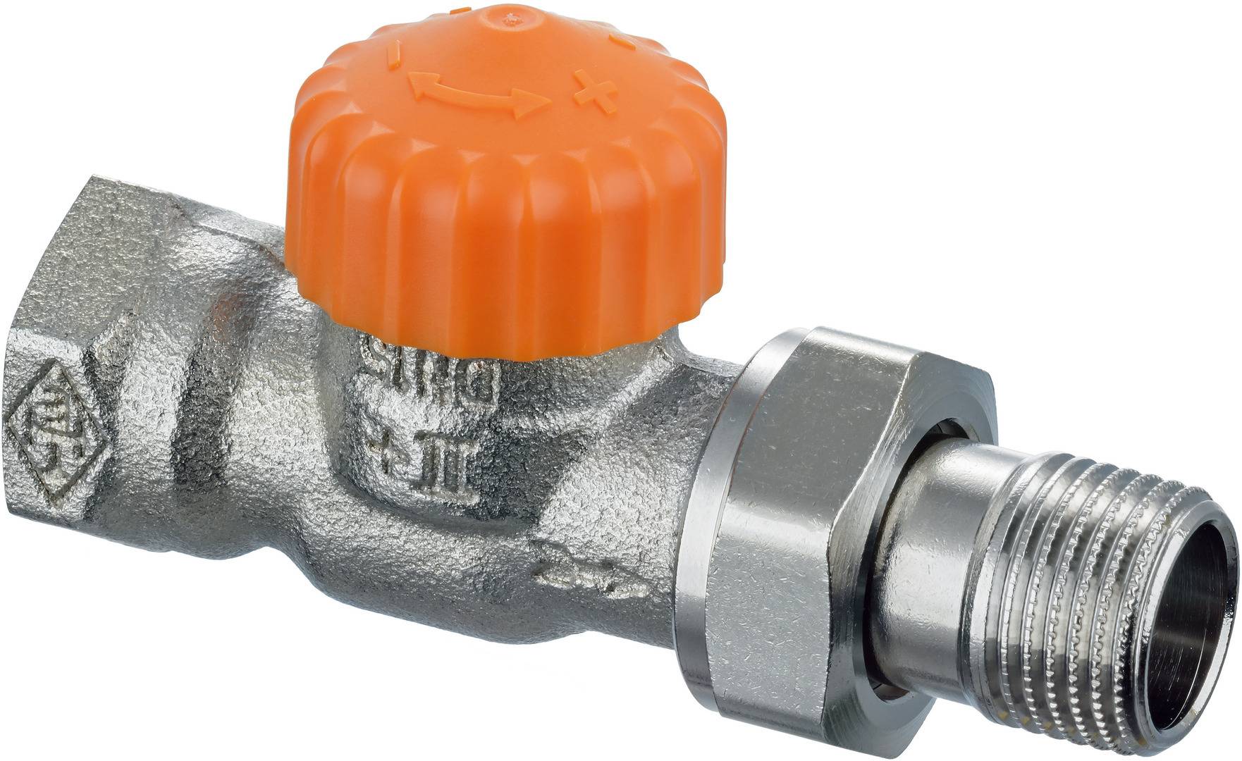 Ein Metallventil mit einem orangefarbenen Kunststoffgriff, gekennzeichnet mit '+' und '-' Symbolen, verwendet zur Steuerung des Flüssigkeitsflusses in Sanitär- oder Heizungssystemen.