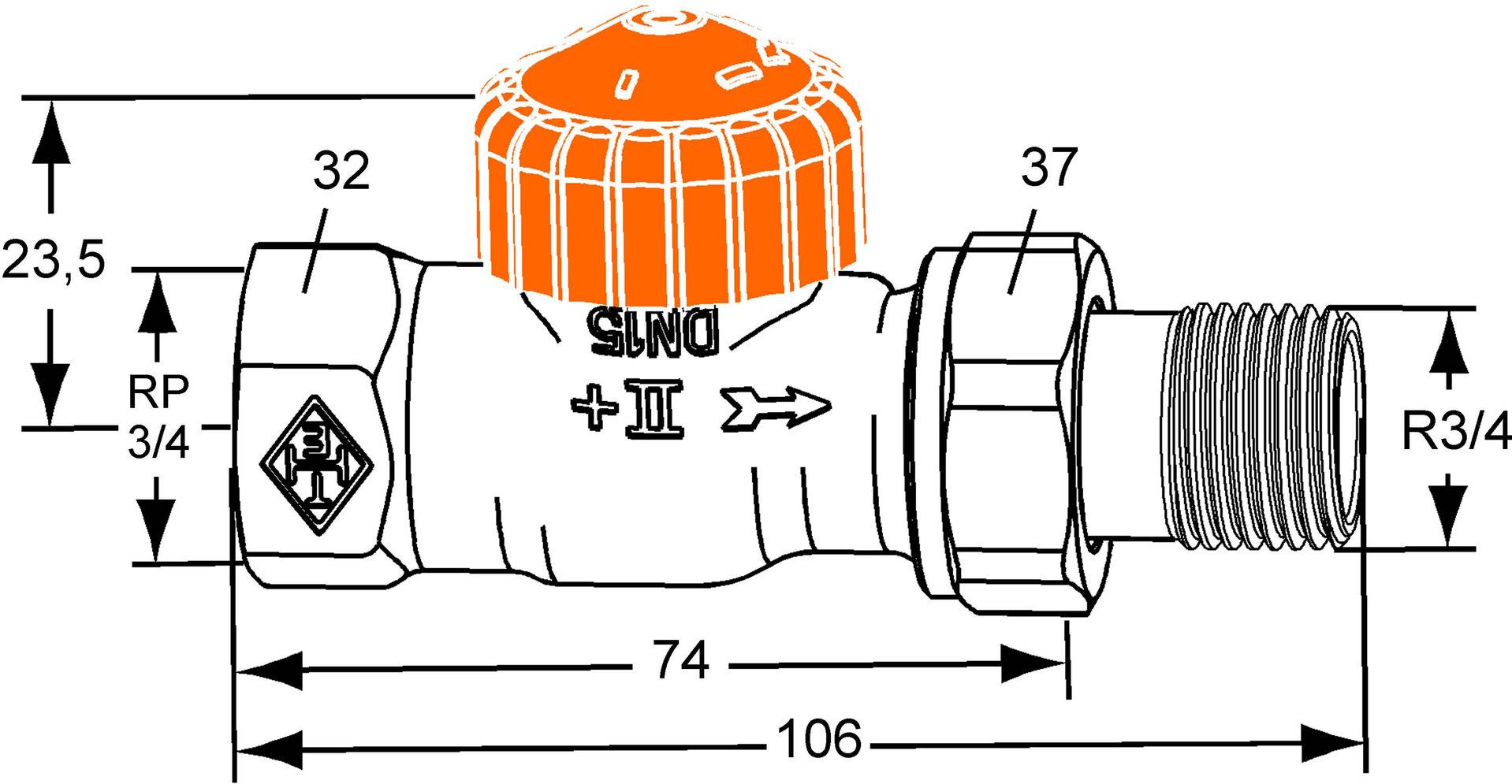 Ventil mit orangefarbener Kappe, beschriftet mit 'DINS +II', mit Richtungspfeil. Maße: 37 (vertikal), 106 und 74 (horizontal).