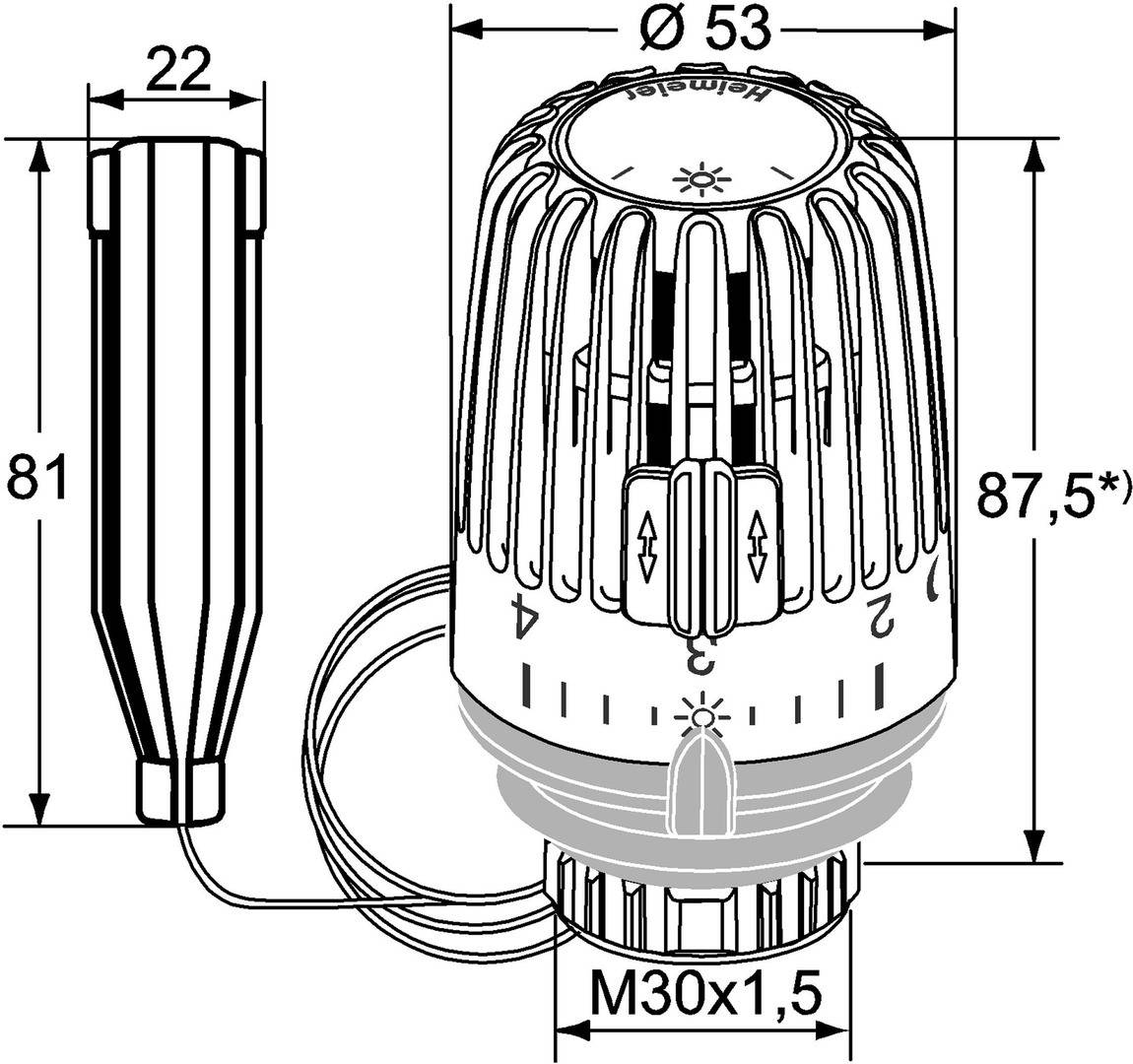 Technische Zeichnung eines Thermostatventilkopfes mit Abmessungen: Höhe 87,5 mm, Durchmesser 53 mm, Gewinde M30x1,5 und 22 mm Stellknopf.