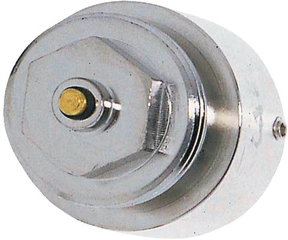 Eine glänzende metallische Sechskantmutter mit einem zentralen gelben kreisförmigen Element, möglicherweise ein Ventil- oder Sensorbestandteil, aus der Draufsicht betrachtet.