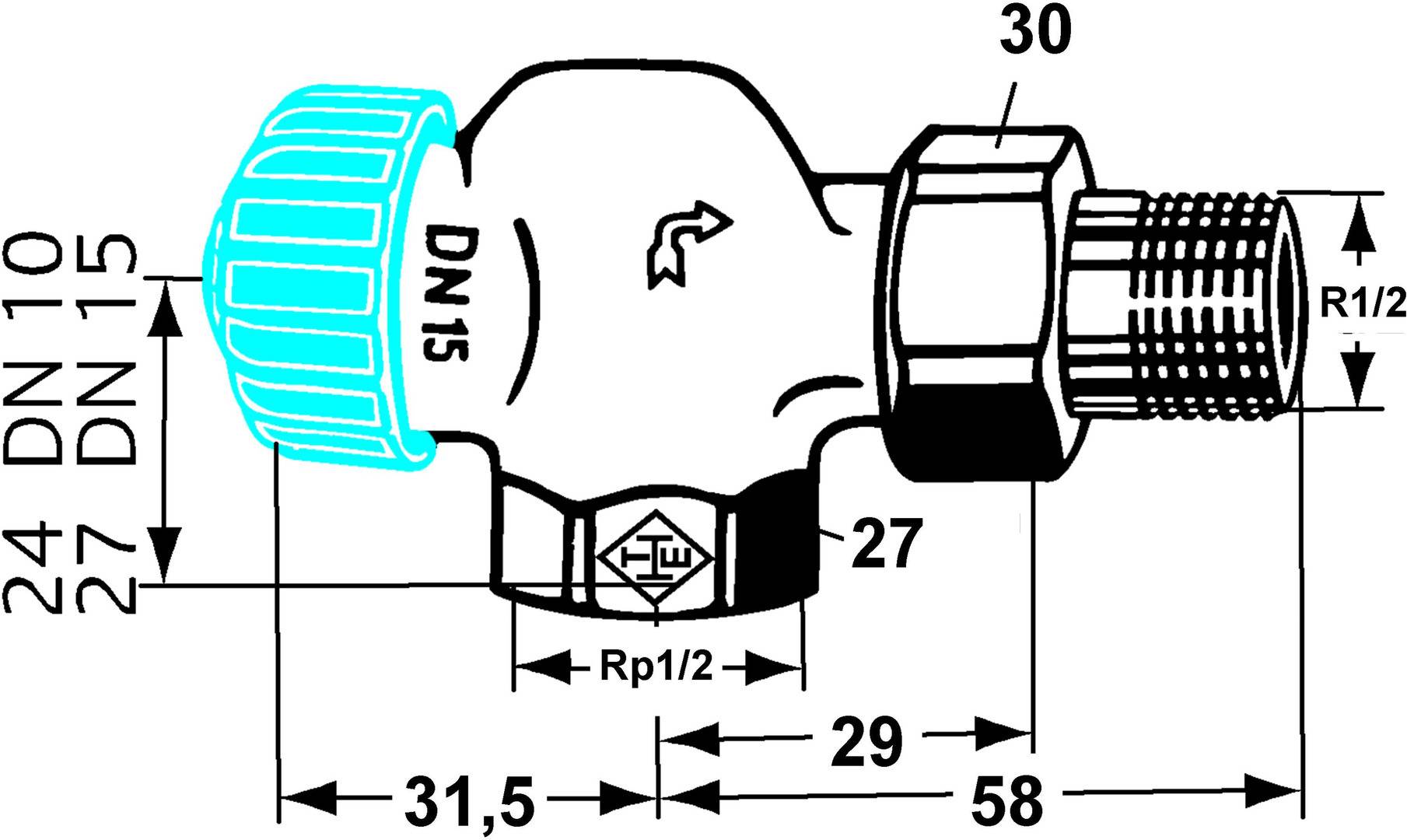 Ventildiagramm 'DN 15' mit Maßangaben: 31,5, 29, 58, 27, 30, Rp1/2. Pfeil zur Durchflussrichtung.
