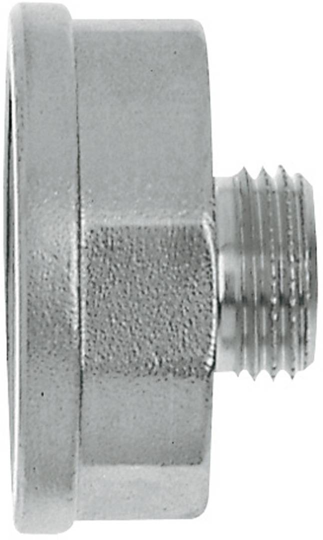 Eine Nahaufnahme einer metallischen Rohrverschraubung mit sechseckiger Basis und Gewinde am Ende.