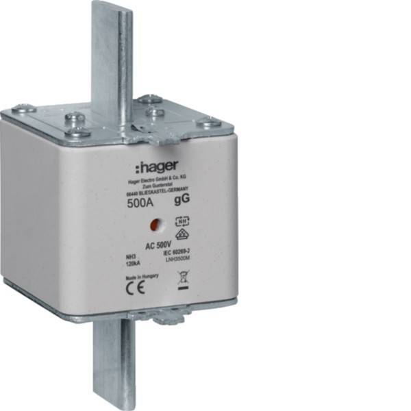 Ein quadratisch geformter 500A, 500V AC Hager Elektrosicherung mit einem Metallverbinder oben und unten, mit dem Etikett 'gg', für Stromkreisschutz.