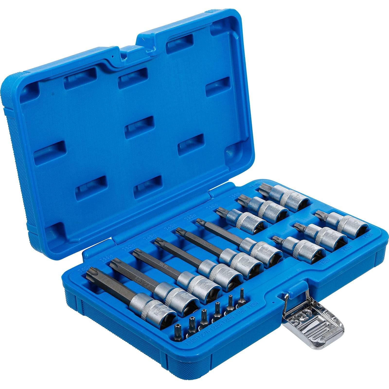 Ein blauer Kunststoffkoffer mit einem Set von Steckschlüsseln und Bits in verschiedenen Größen, übersichtlich angeordnet zur organisierten Werkzeugaufbewahrung.