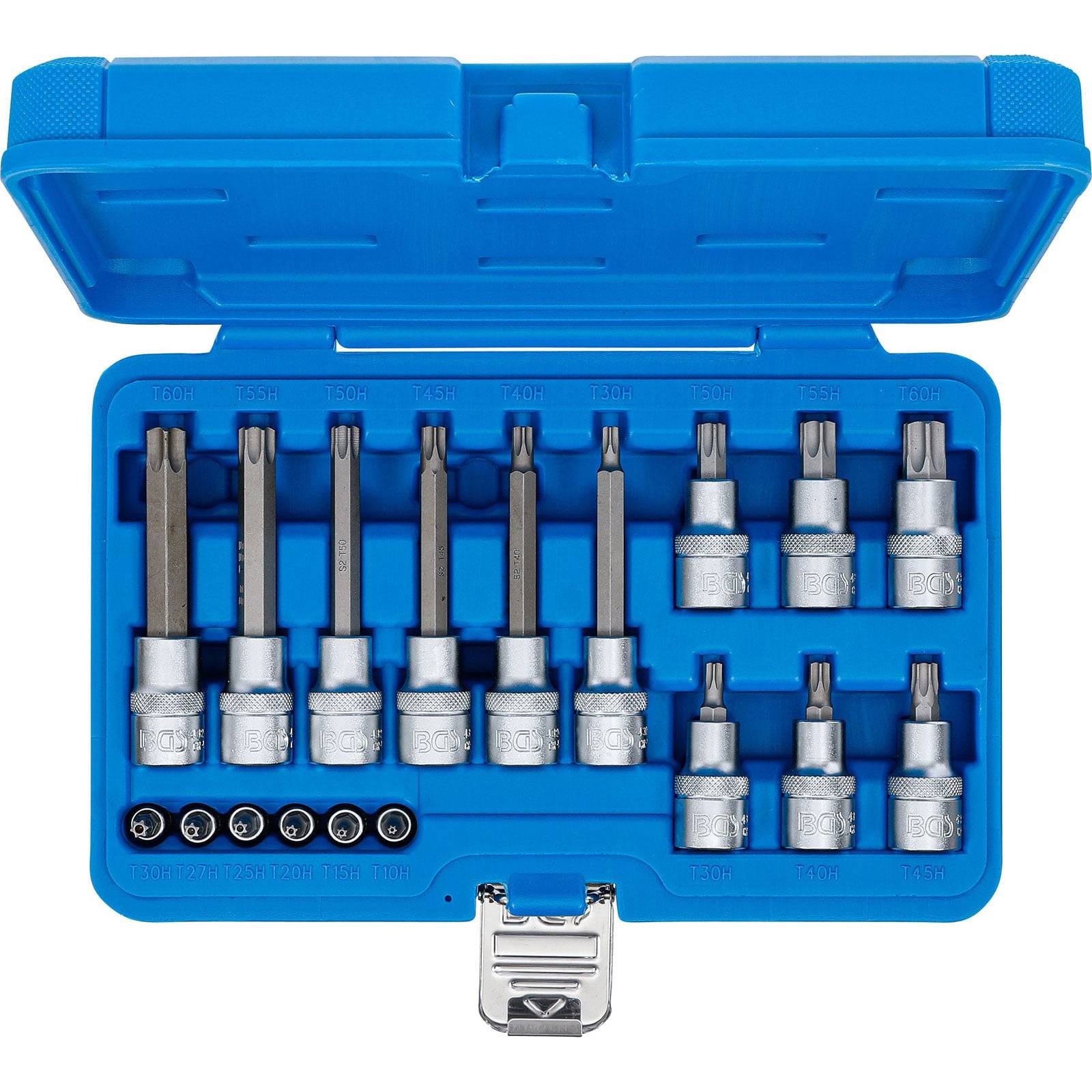 Ein blaues Werkzeugkasten mit einem Satz Steckbit-Adapter, die in zwei Reihen angeordnet sind, einschließlich Torx-Bits und Standard-Schraubenbits in verschiedenen Größen.