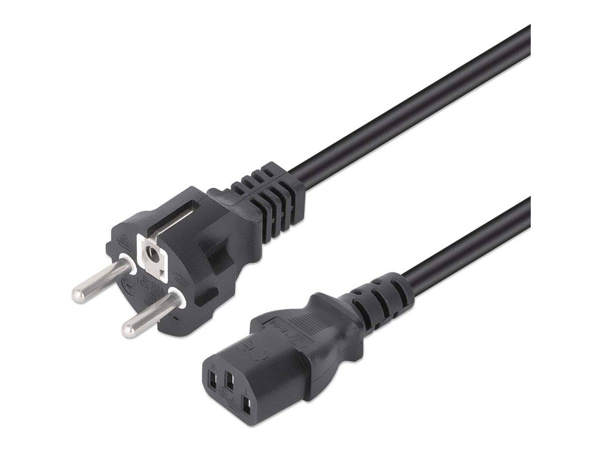 Schwarzes Stromkabel mit europäischem zweipoligem Stecker auf der einen Seite und IEC-C13-Stecker auf der anderen Seite, gezeigt auf weißem Hintergrund.