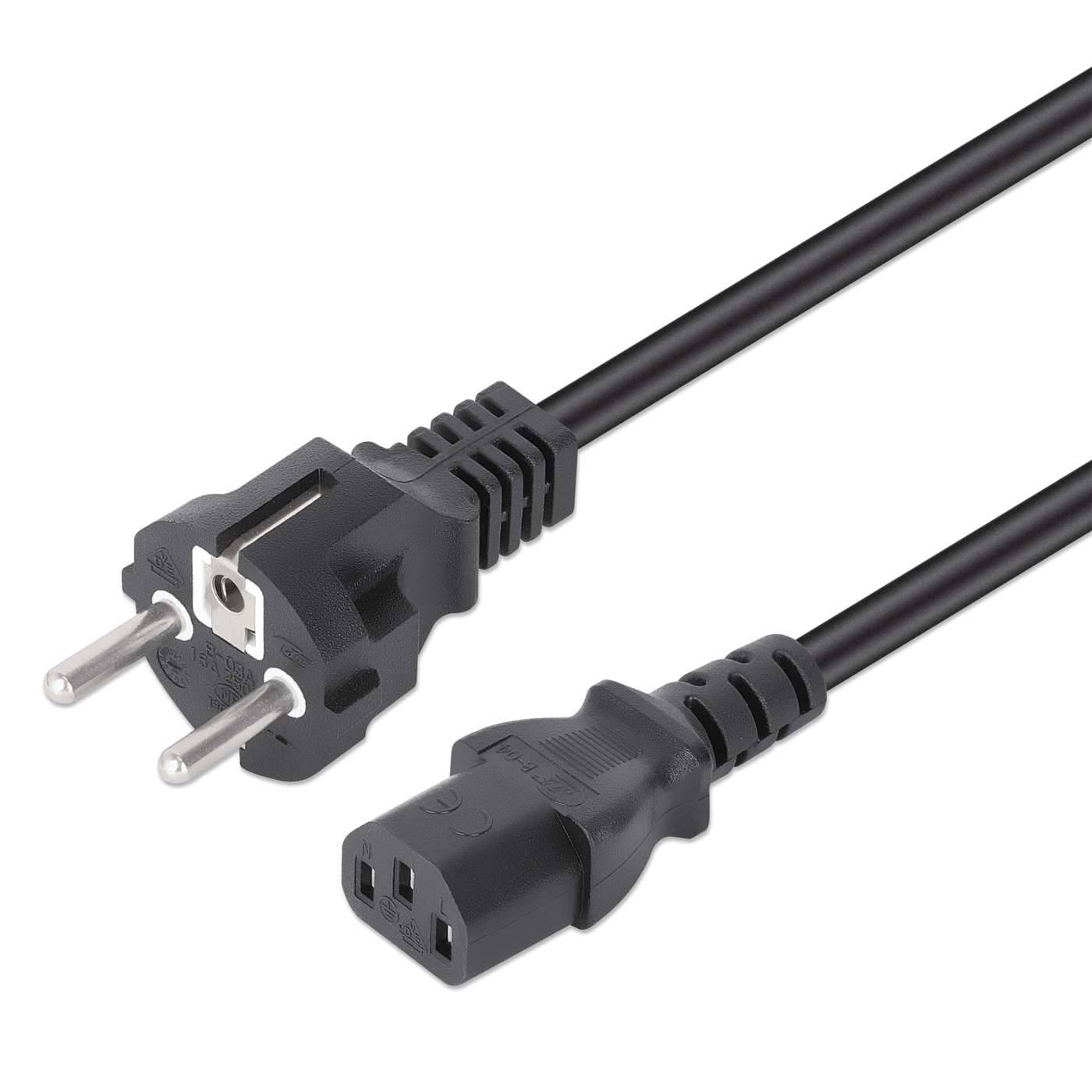 Schwarzes Stromkabel mit europäischem zweipoligem Stecker auf der einen Seite und einem weiblichen IEC-C13-Anschluss auf der anderen Seite.