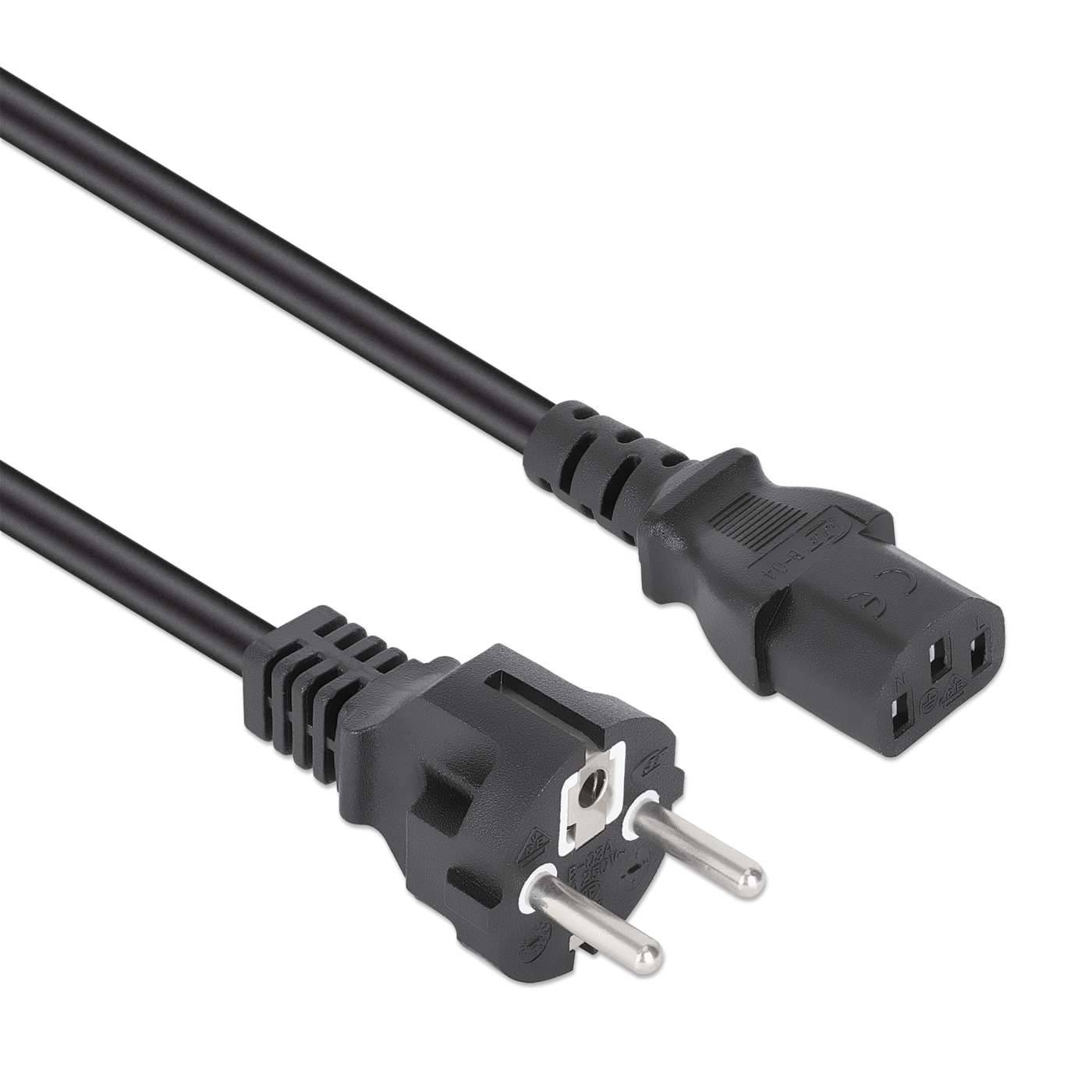 Schwarzes Stromkabel mit zweipoliger europäischer Steckdose an einem Ende und IEC-Gerätestecker am anderen Ende.