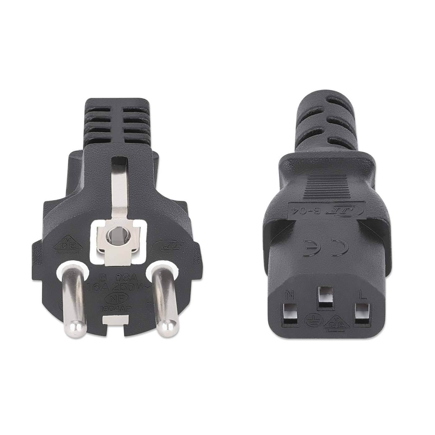 Schwarzer europäischer Stromanschlussadapter im Stil mit Vorder- und Rückansicht, mit zwei runden Stiften und drei rechteckigen Steckplätzen.
