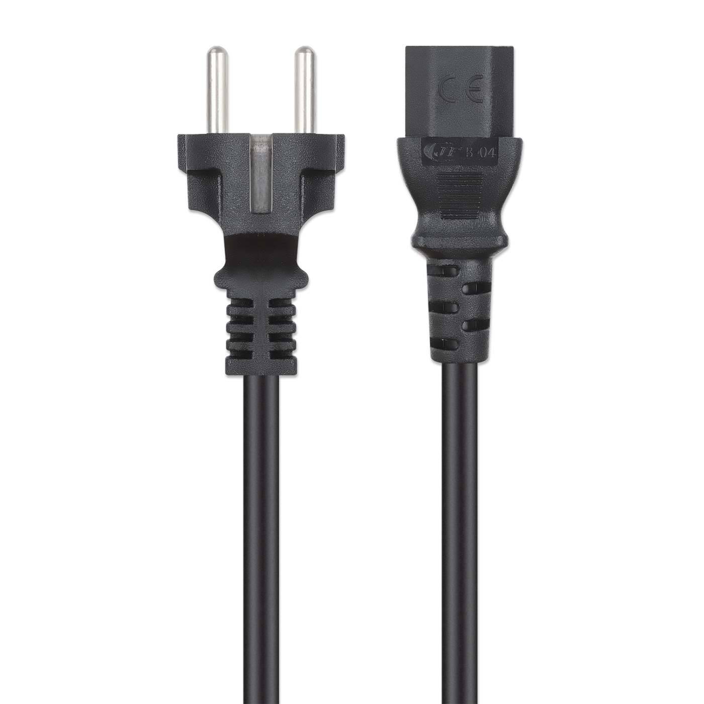 Schwarzes Stromkabel mit europäischem zweipoligem Stecker auf einer Seite und einem rechteckigen Gerätestecker auf der anderen Seite, gezeigt auf weißem Hintergrund.