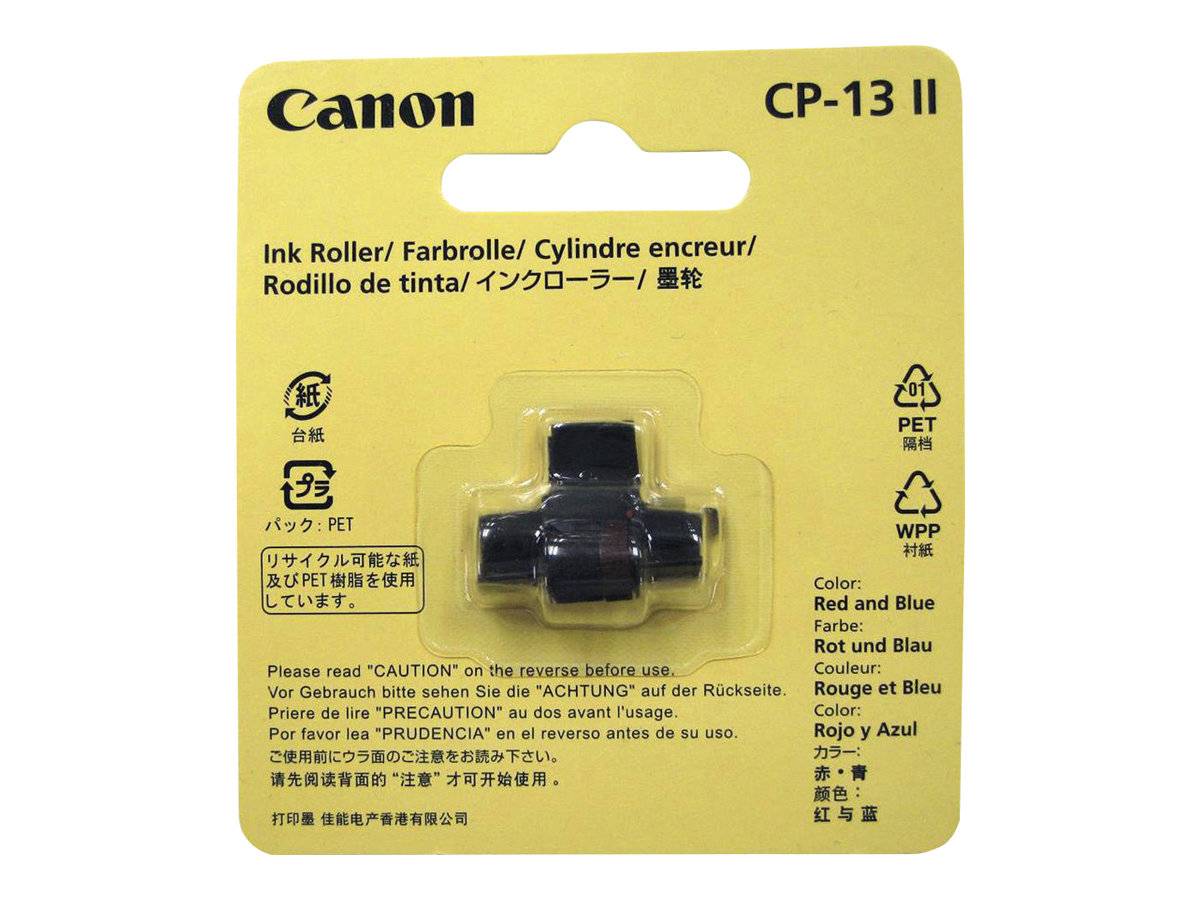 Canon CP-13 II Tintenwalzen-Austauschpaket in gelber Blisterverpackung, gekennzeichnet für rote und blaue Tintenwalzen.