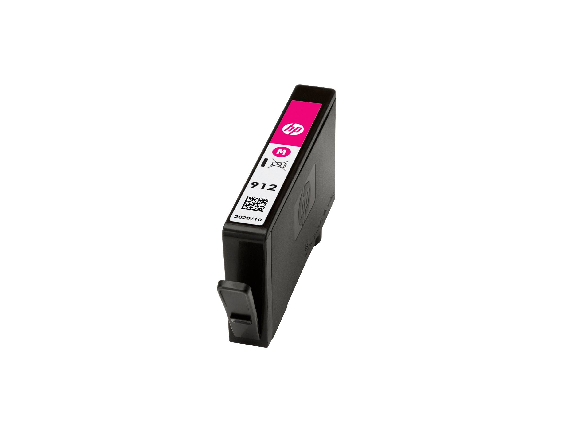 HP 912 Magenta-Tintenpatrone, seitliche Ansicht, mit Etikett und Druckerkompatibilität, geeignet für Büro- und Heimdrucker.