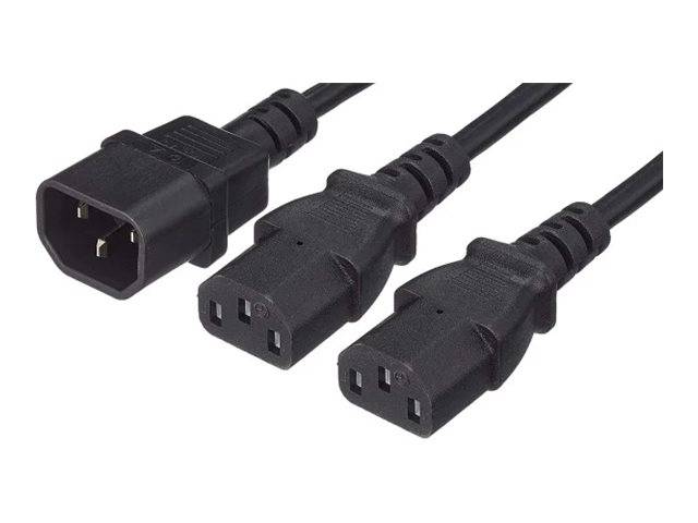 Drei schwarze Stromkabel mit IEC-Steckern auf weißem Hintergrund, wobei ein weiblicher Stecker und zwei dreipolige männliche Enden zu sehen sind.
