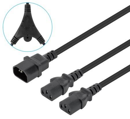 Drei schwarze Stromkabel mit IEC-Steckern, einschließlich einer Nahaufnahme mit einem dreipoligen Splitter-Adapter.