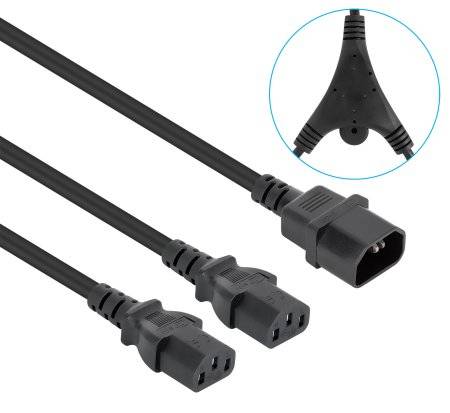 Drei schwarze Stromkabel mit IEC-Steckern, einschließlich eines Y-Splitters, der zu zwei weiblichen Steckdosen und einem männlichen Stecker führt.