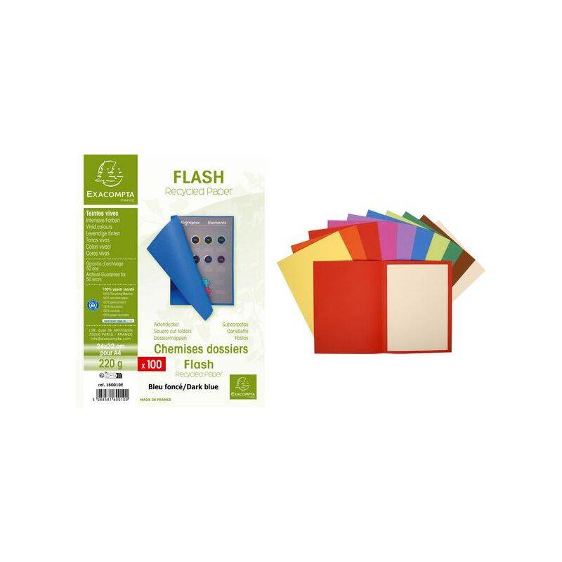 Recycelte Papierordner in verschiedenen Farben mit Etikett, das Qualität und umweltfreundliche Zertifizierung von Exacompta zeigt.