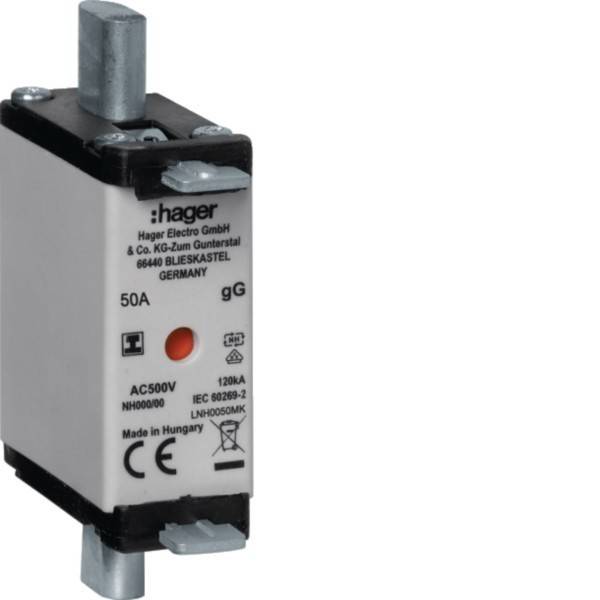 50A Hager Sicherung, NH000, 690V, 120kA, IEC 60269-2, mit Firmenlogo, CE-Kennzeichen und Hergestellt in Ungarn-Etikett.