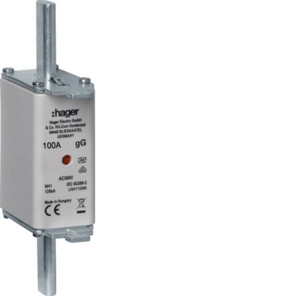Ein Hager NH00-Sicherungstyp gG mit '100A, 500V~'-Nennwert, verwendet für elektrischen Schutz, mit Metallkontakten und weißem Gehäuse.