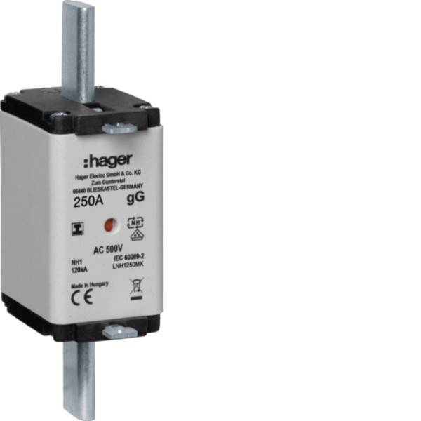 Hager' Marke 250A elektrische Sicherung, Modell NH1, mit 500V Nennspannung und Montagehalterungen, ausgelegt für Stromkreisschutz in elektrischen Systemen.