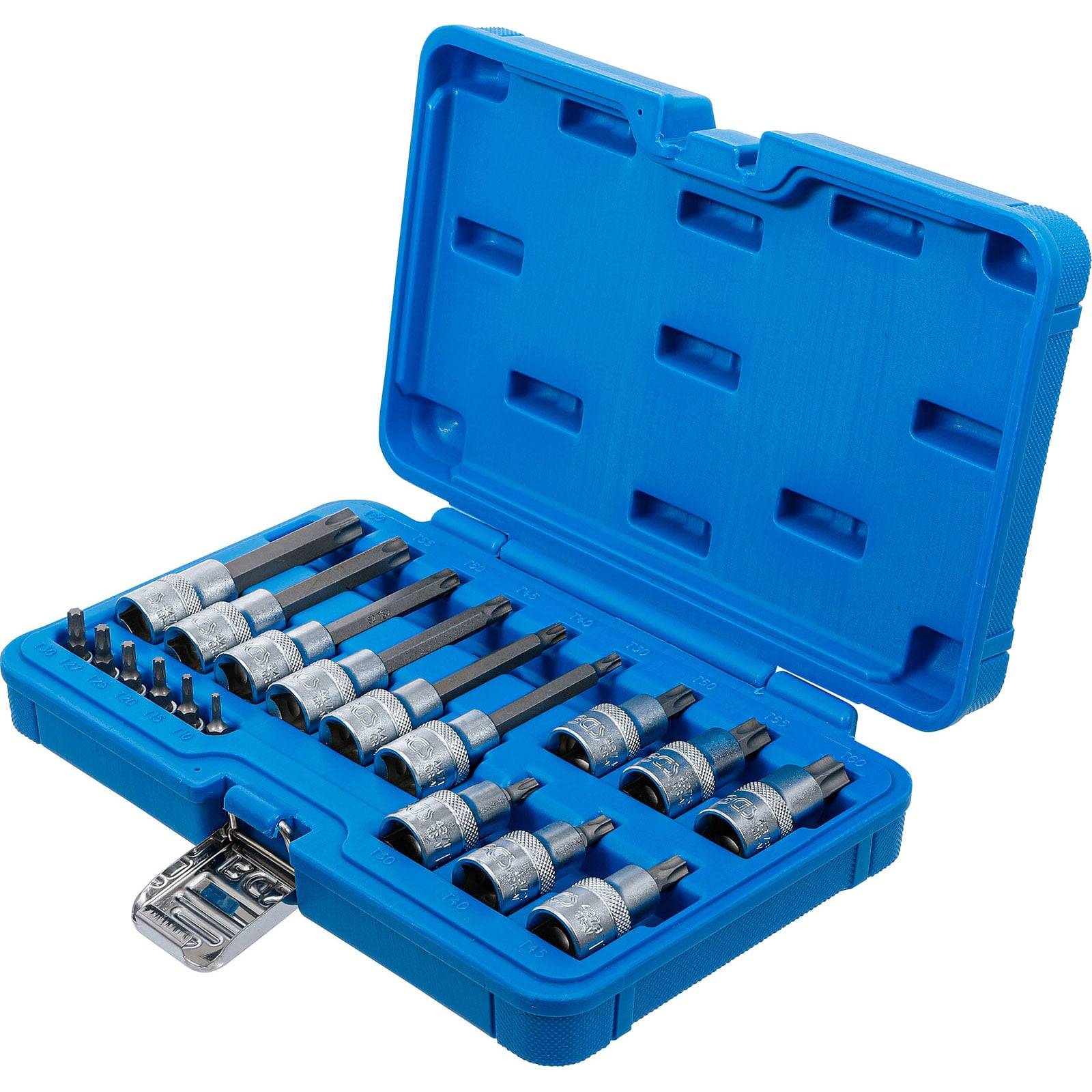 Ein blauer Kunststoffkoffer enthält einen Satz von 12 Innen-Sechskant- und Torx-Stecknüssen, die in Reihen angeordnet sind. Jede Stecknuss hat eine andere Größe und wird für mechanische Arbeiten verwendet.