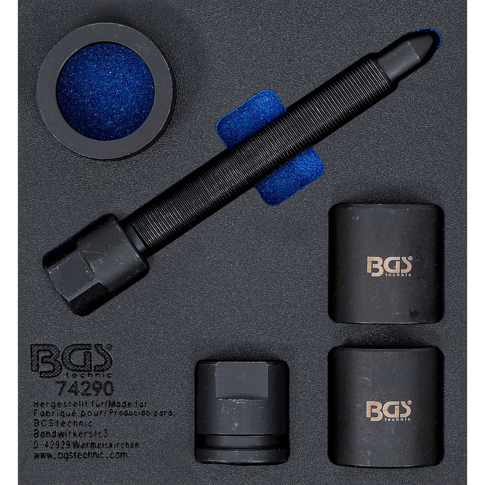 BGS' Marken-Automotive-Werkzeugsatz mit Gewindezieher und drei Adaptern, Modellnummer 7429, auf schwarzer Schaumstoffverpackung.