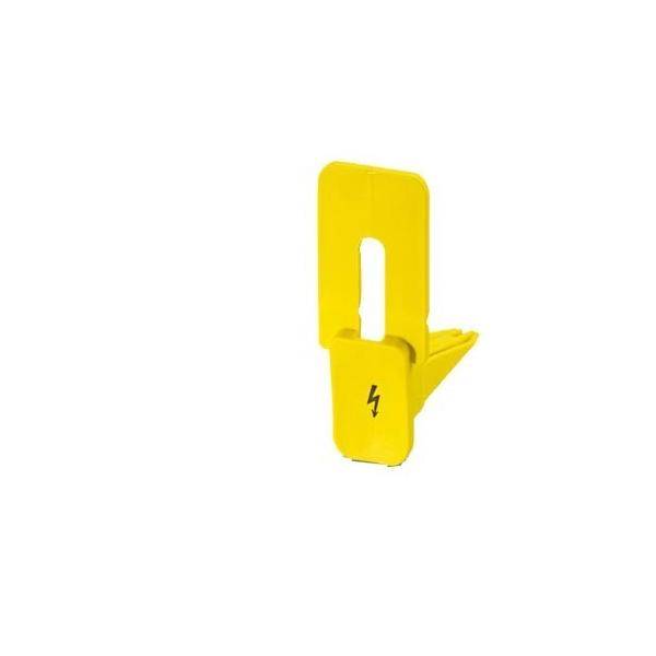 Gelbe elektrische Warnmarkierung mit Blitzsymbol, wahrscheinlich verwendet zur Kennzeichnung oder Warnung vor elektrischen Gefahren.