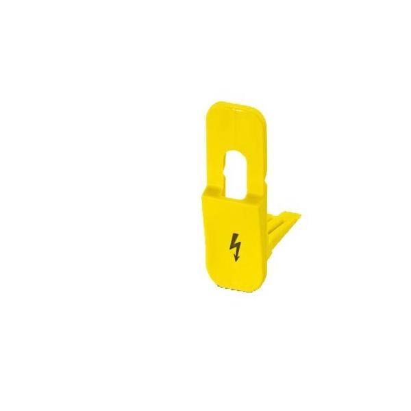 Ein gelber Sicherheitsanhänger aus Kunststoff mit einem schwarzen Blitzsymbol, der für die elektrische Sicherheit verwendet wird, um eine versehentliche Inbetriebnahme von Geräten zu verhindern.