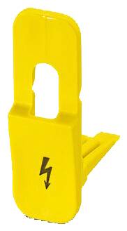 „Gelbes Warnschild mit einem Blitzsymbol, das auf eine elektrische Gefahr hinweist."