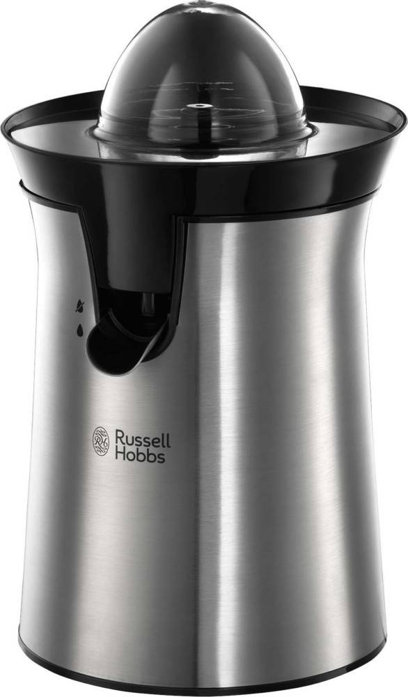 Edelstahl-Zitruspresse mit Ausguss, versehen mit dem 'Russell Hobbs' Logo, zum effizienten Entsaften von Zitrusfrüchten.