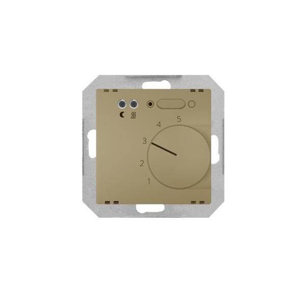 Beige Thermostat mit einem Drehregler, der auf 5 eingestellt ist, zwei Kontrollleuchten und Symbolen für Heizmodi. Montiert auf einer Metallplatte.
