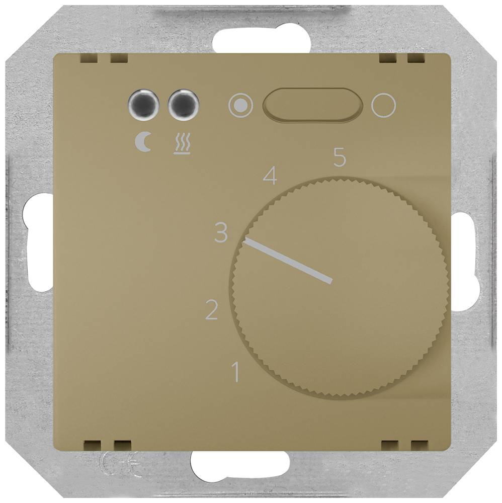 Thermostat mit einem beigen Drehregler, der die Nummern 1 bis 5 für Temperatureinstellungen zeigt, zwei Kontrollleuchten und Symbolen für Tag- und Nachtmodus.