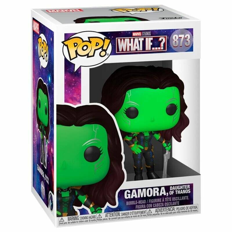 Verpackte Funko Pop! Marvel 'What If...?' Gamora-Figur, Nummer 873, mit der Bezeichnung 'Gamora, Tochter von Thanos'.
